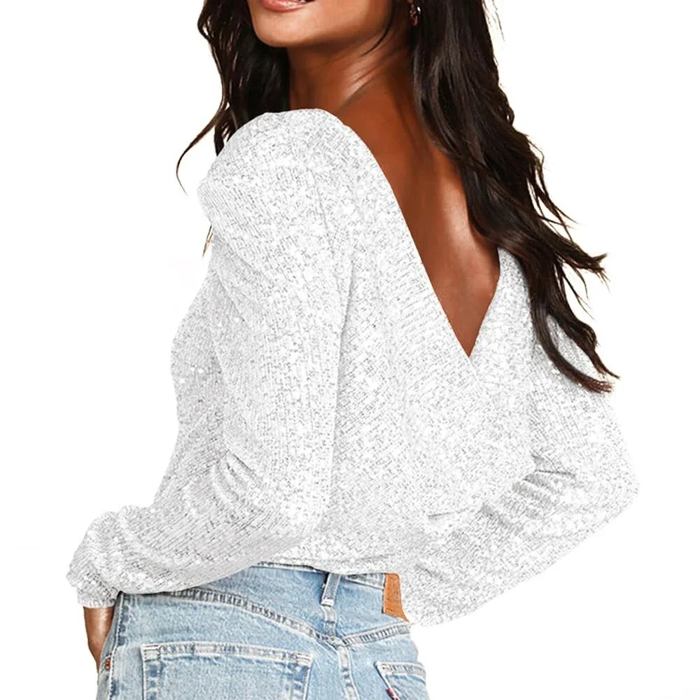 JWJP&CCYIQI Long Sleeve Sequin Bodysuit Glitter Sparkle One Piece Top Sheer M